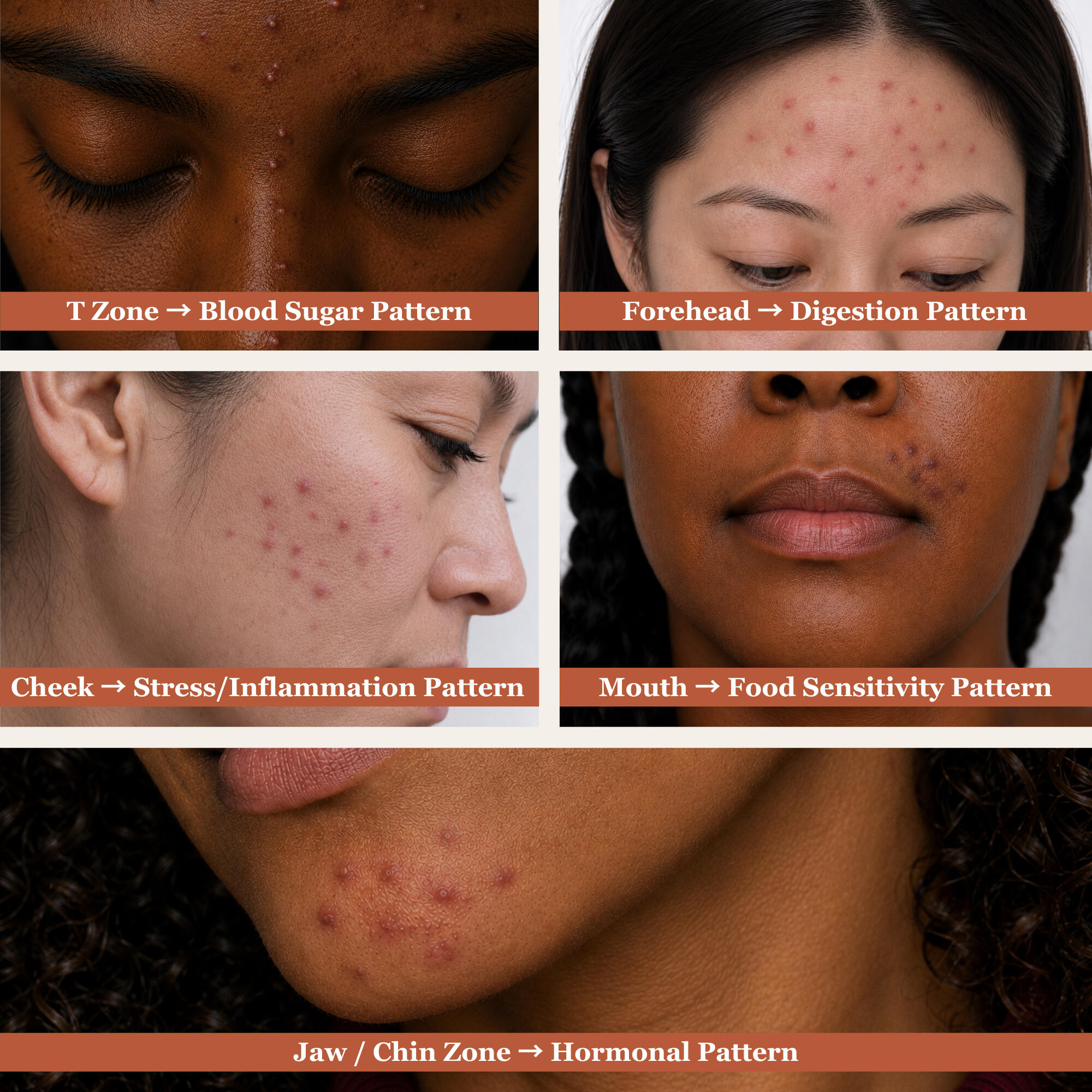 The five acne zones with their internal drivers — Jaw and Chin (Hormonal Pattern), T-Zone (Blood Sugar Patter), Cheek (Stress and Inflammation Pattern), Forehead (Digestion Pattern), Mouth (Food Sensitivity Pattern). A face mapping reference for adult wome
